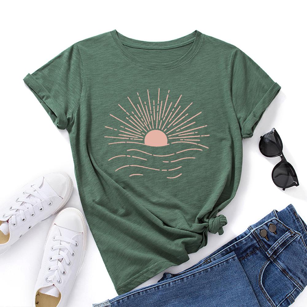 Cotton T-Shirt Short Sleeve Round Neck Women 2d Print Tops
