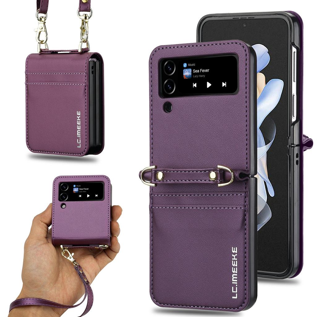 LC.IMEEKE L1 for Samsung Galaxy Z Flip3 5G Case Leather+PC Phone Cover with Straps Card Slots