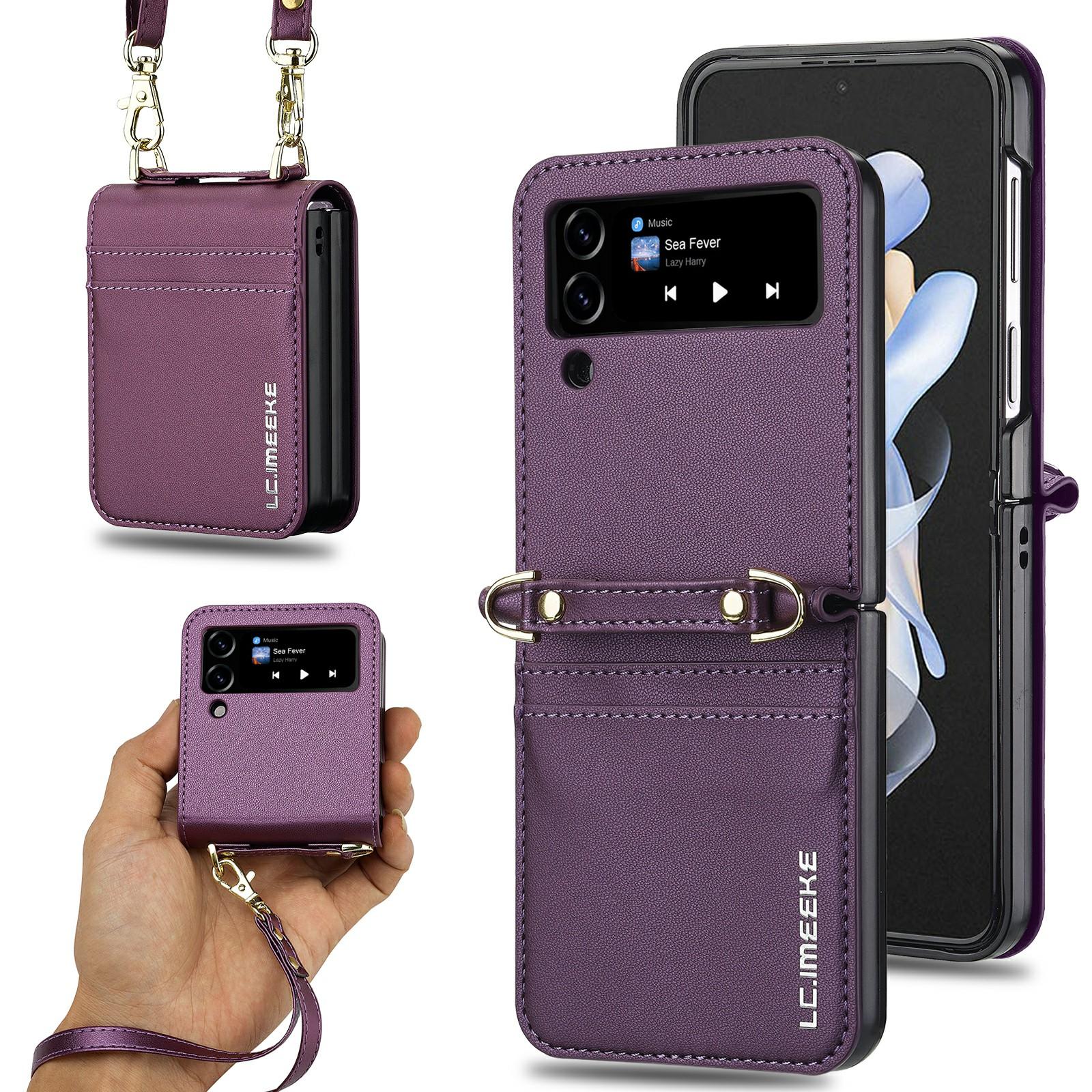 

LC.IMEEKE L1 for Samsung Galaxy Z Flip4 5G Case Leather+PC Phone Cover with Straps Card Slots B