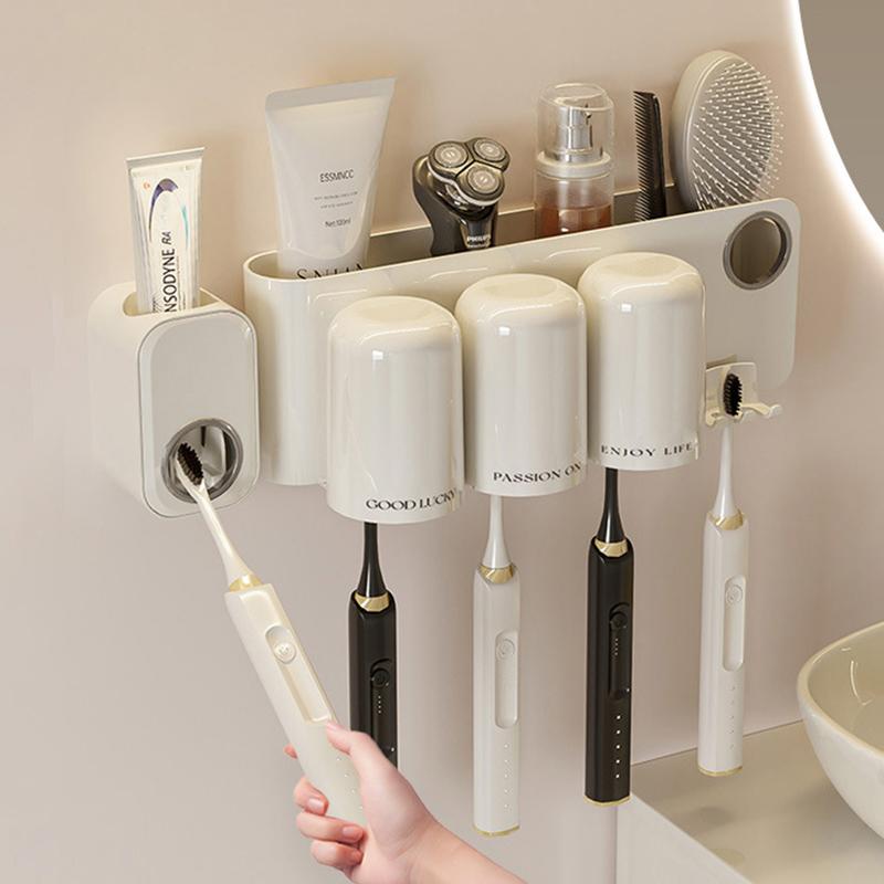 Toothbrush Toothpaste Storage Rack 4 Grid Multiple People No Punching Required Wall Mounted Family Gargle Cup Toilet Supplies