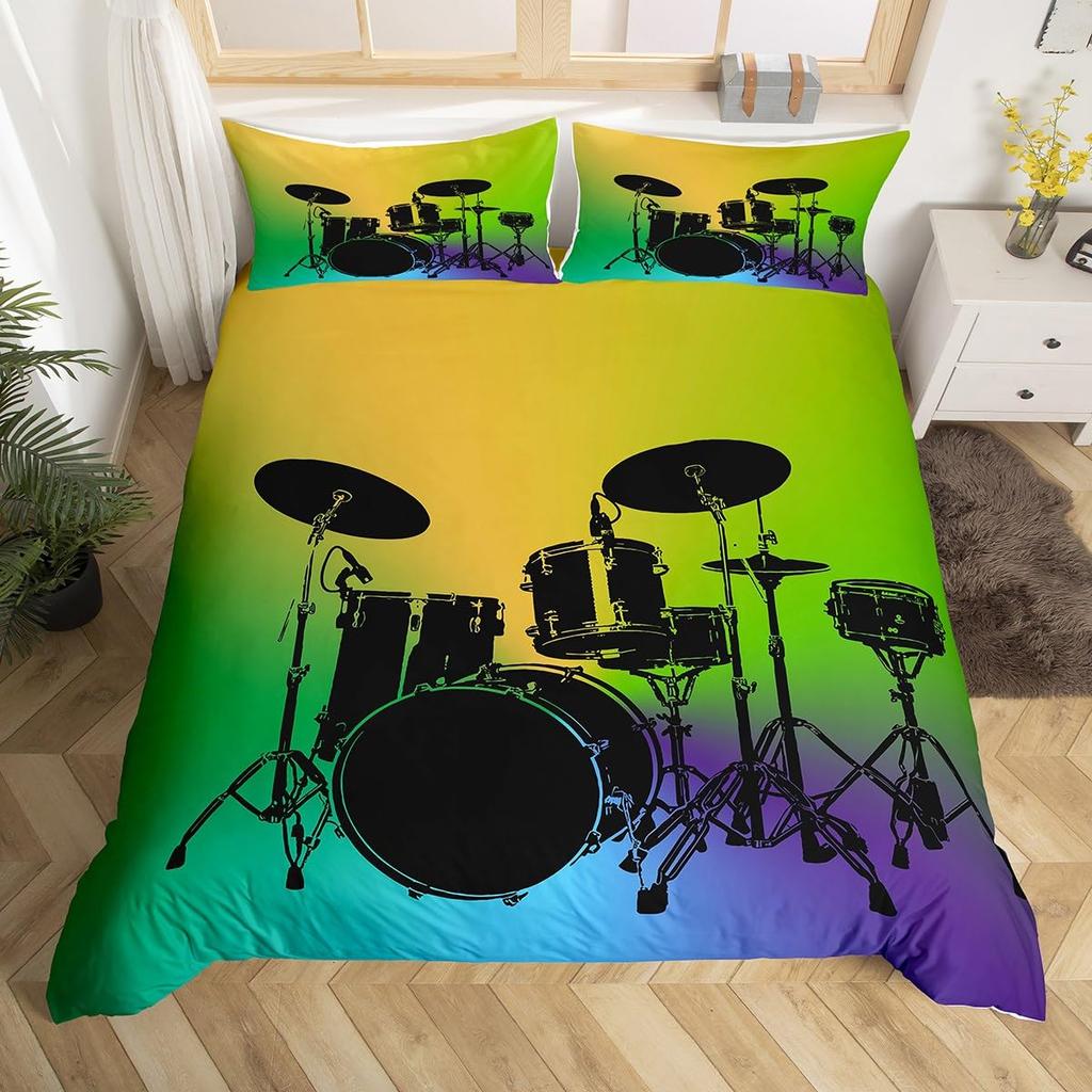 Comforter 3D Drum Kit Queen Microfiber Rock Music Theme Classic Musical Instrument Comforter Hip Hop Grunge Bedding Set