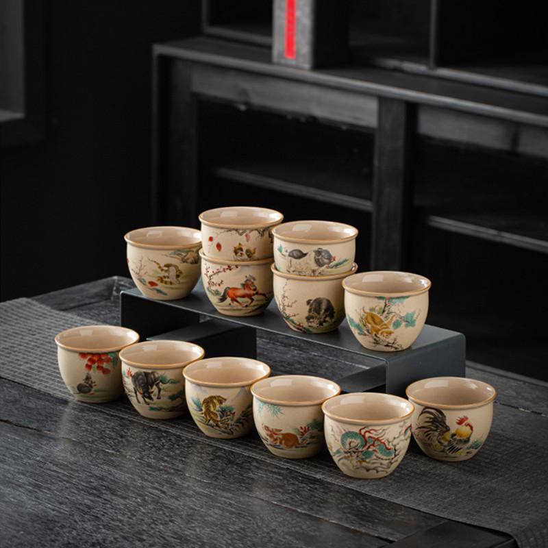 1 Pc Chinese Vintage Coarse Pottery Tea Cup Handmade Zodiac Ceramic Tea Bowl Household Teaware Personal Master Teacup 150ml