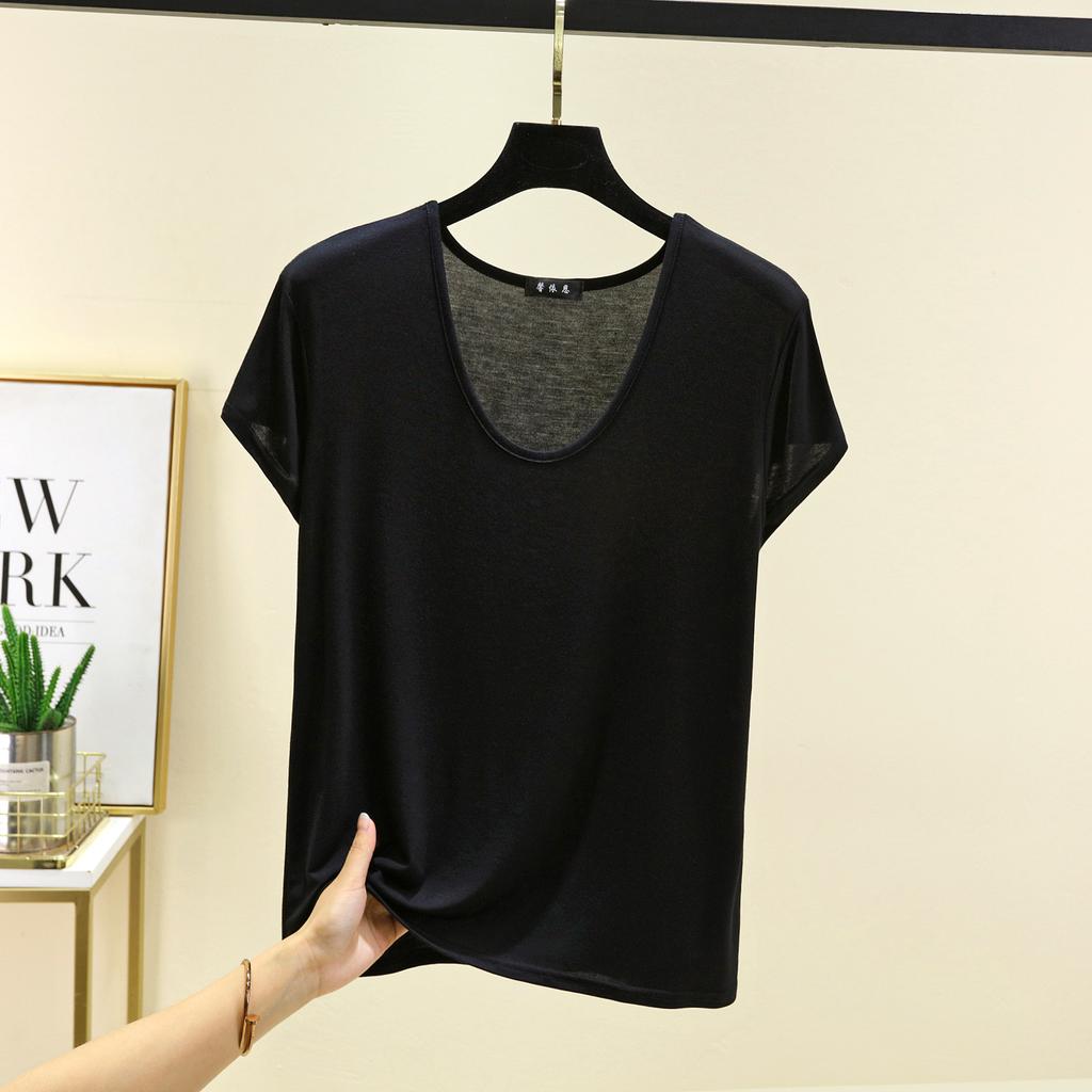 Plus Size M To 6XL U-Neck Women's Tshirt Short Sleeves Modal T-shirts Thin Bottomed Tees Solid Color Loose Tee Tops All Match