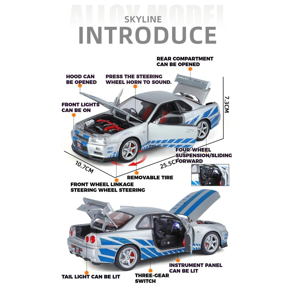 1/18 Nissan GTR R34 Skyline Supersportwagen Legierung Metall Diecast Modellauto Ton und Licht Kinderspielzeugauto Mikrofahrzeug Junge Geburtstag