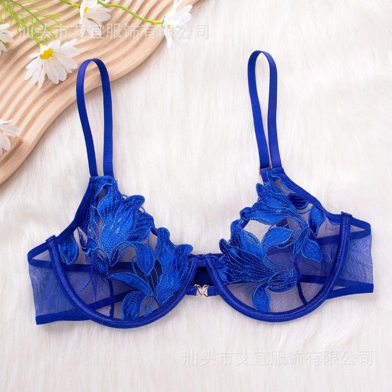 Women French Style Lace Sexy Perspective Embroidery Gathering Push Up Bra