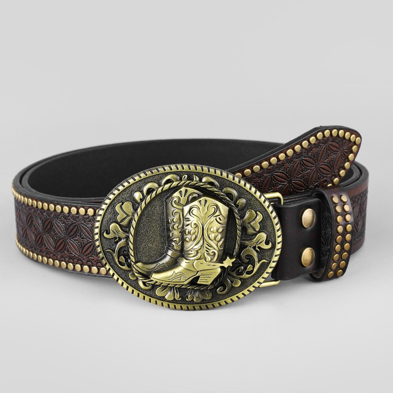 

Ремень из джинсовой ткани Western с резным большим язычком из пластины для мужчин и женщин в стиле ретро из искусственной кожи в стиле панк XL (125cm)