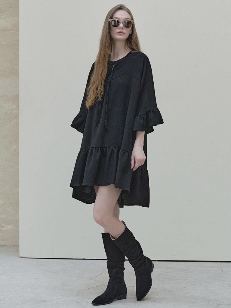 Avang Ethnic Shirring Strap Dress - Black