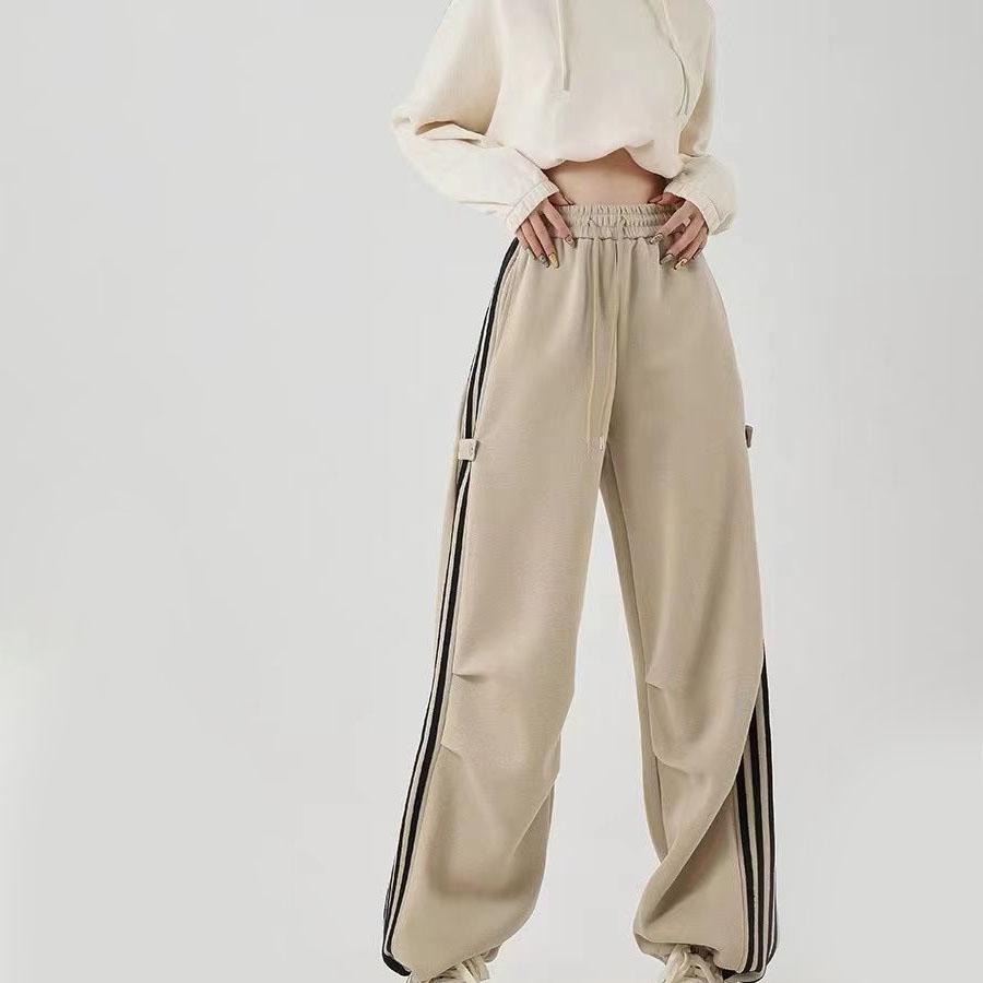 Women's High - Street American - Style Wide - Leg Striped Utility Joggers - Straight - Leg Casual Ankle - Length Sporty Pants
