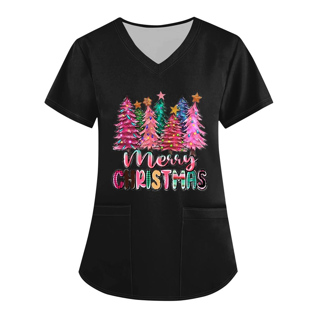 Women's Christmas Printed Uniform Work Uniform V-Neck Pocket Protective Work Uniform