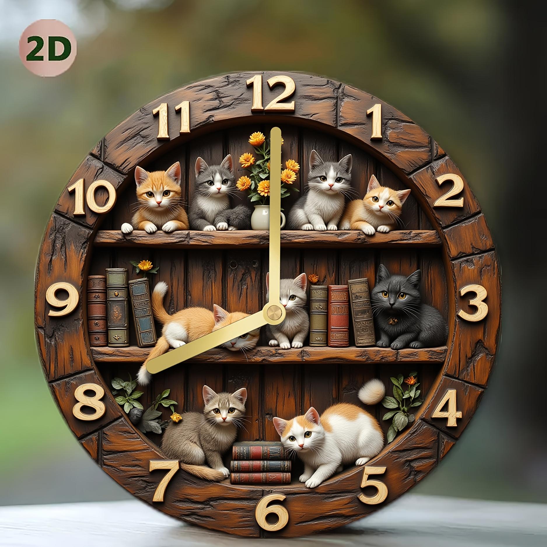 

Silent Wall Clock with Cute Kitten & Bookshelf Design - Large Yellow Hands, Black Arabic Numerals, - (Low Voltage) Room Decor, (as the picture,10x10 inch)