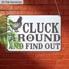 2D Flat 1pc 12"x8" Retro Chicken Humour Aluminium Wall Art with "CLUCK AROUND AND FIND OUT" Quote - Vintage Farm Decor, Rooster Silhouette Design
