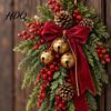 Indoor Outdoor Holiday Decor Christmas Teardrop Swag with Red Bow And Bells Vintage Artificial Norfolk Pine Hanging Realistic Branch Decoration