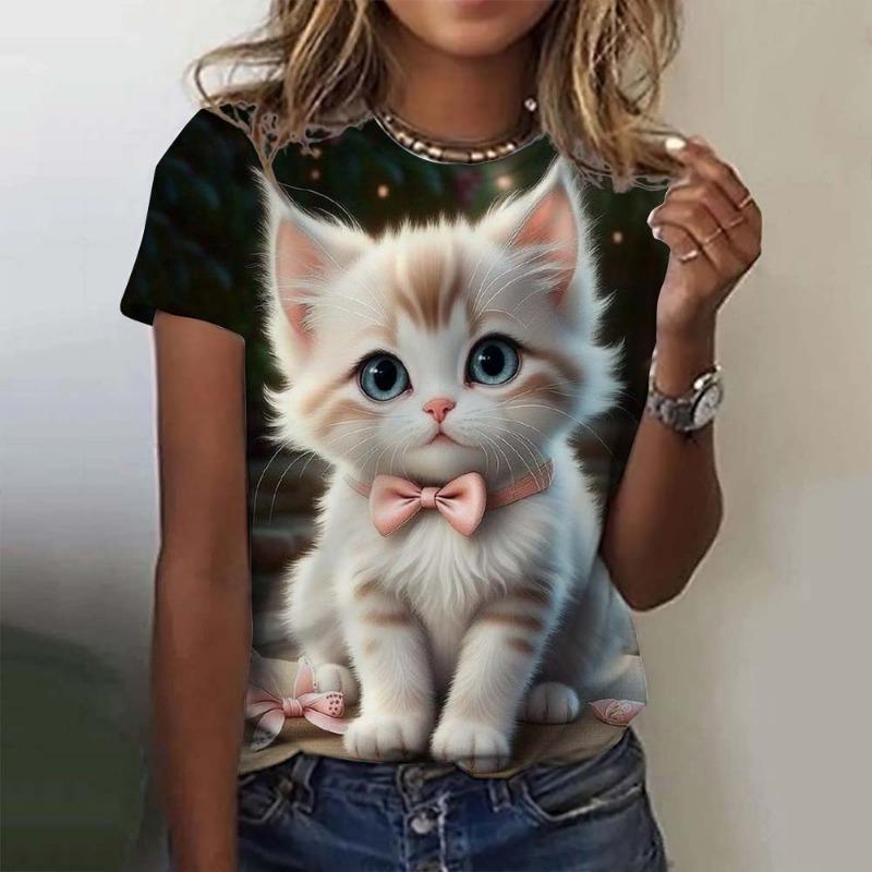 Damski T-shirt dla Dziewczyn Wzór Słodkiego Kota Nadruk 3D Topy Lato Krótki Rękaw Casual Moda Odzież Damska Oversize T-shirty