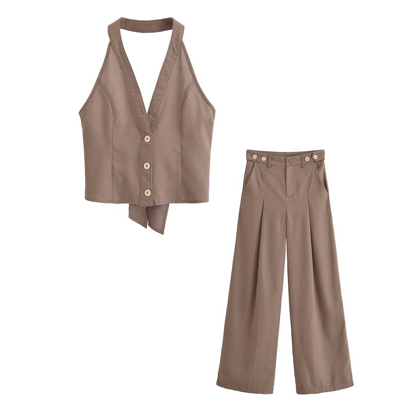 Kaslead New Arrival Women's Fashion Style Blended Hanging Collar Tops Casual Pants 8069333 8054333
