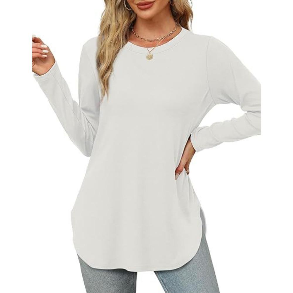 Women's O Neck Long Sleeve Tunic Top Solid Color Casual Loose Curved Hem T Shirt