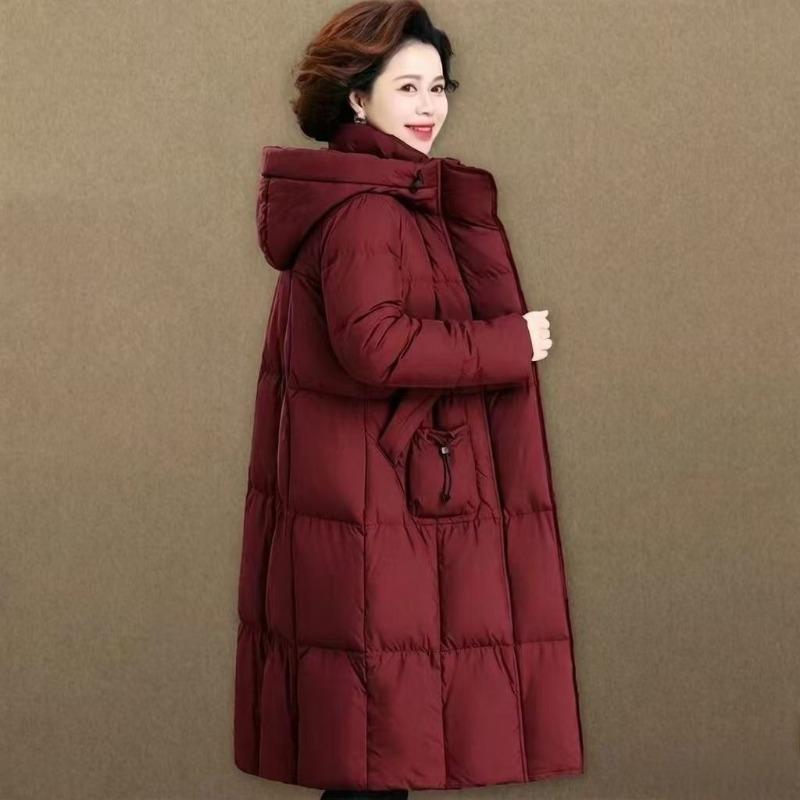 Weinrot Langer Daunenmantel Damen Winter Dick Warm Gesteppt Baumwolljacke Mit Kapuze Locker Oberbekleidung