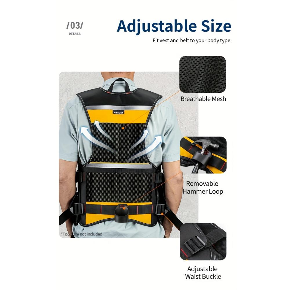 Nastavitelná vesta na elektrické nářadí - Odolná vícekapsová úložná taška pro údržbáře, tesařská pracovní vesta se zipovou kapsou, elektrické nářadí pro elektrikáře