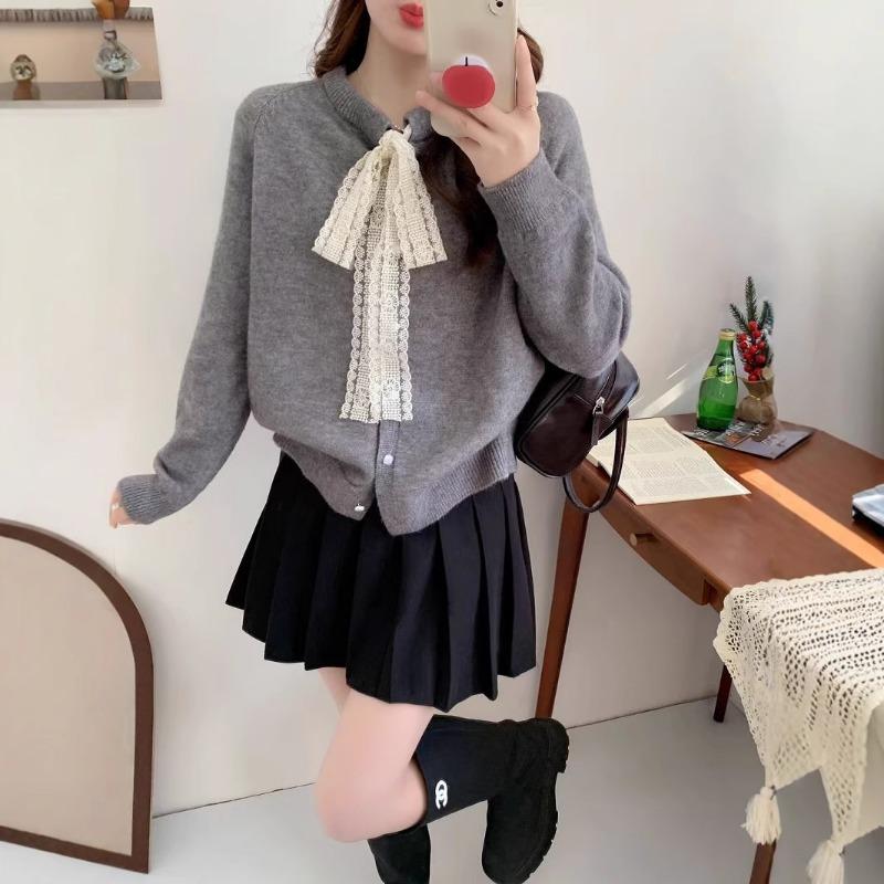 Gentle Wind Lace Lace-up Crew Neck Knitted Cardigan Top Women's Spring and Autumn New Loose Sweet Age-reducing Sweater Jacket