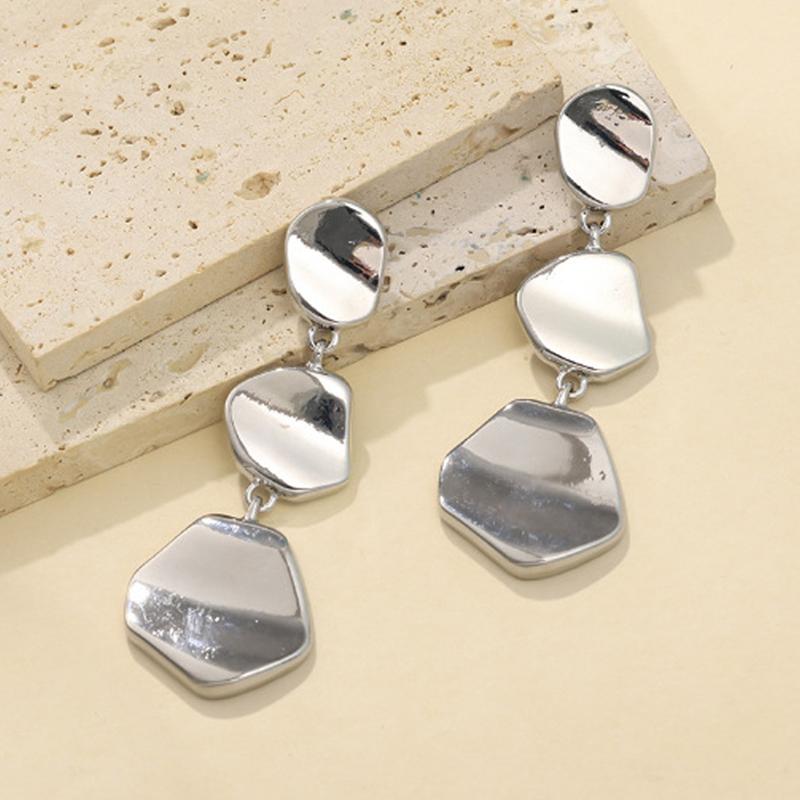 Vintage Irregular Smooth Metal Pendant Earrings for Women Gold Three-Layer Geometric Circular Earrings Jewelry