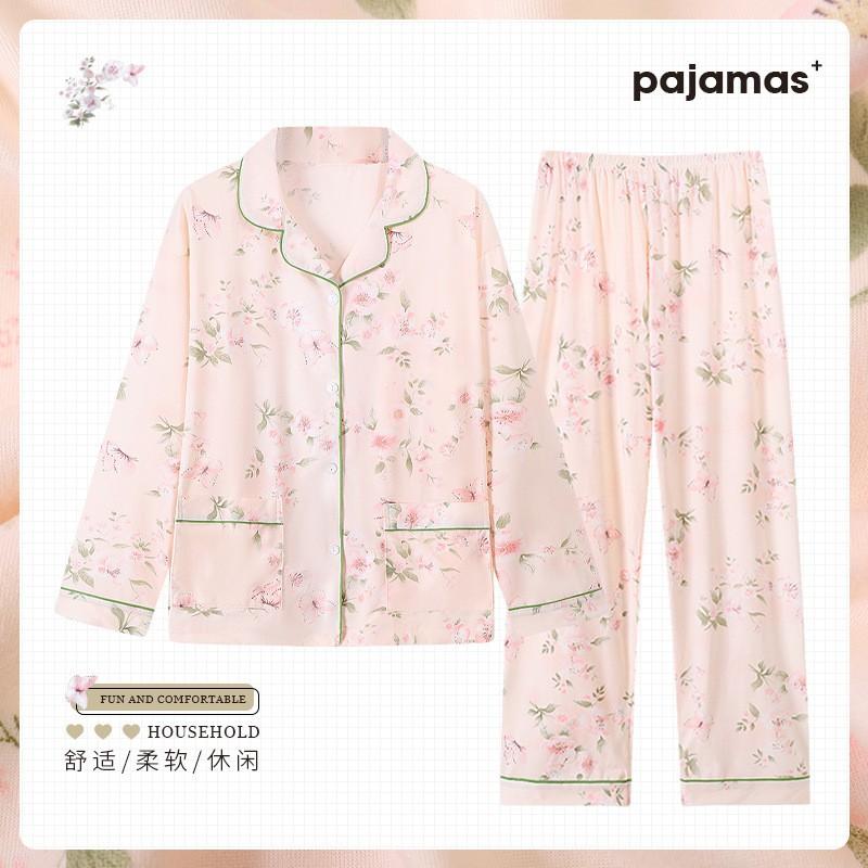 Womens Long Sleeve Pajama Set Faux Cotton Loungewear Ladies Thin Breathable Sleepwear Casual Home Wear