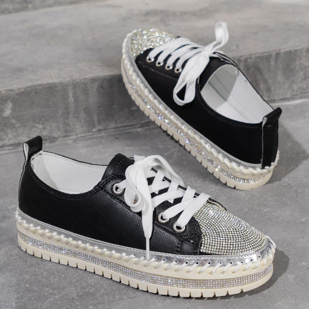 Women Shining Rhinestone Loafers Bowknot Slip-on Thick Botton Casual Ladies Crystal Shoes Female Platform Sneakers Sports
