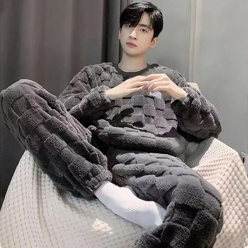 Men's pajamas coral fleece autumn and winter warm home leisure suits can be worn outside plush loungewear men's