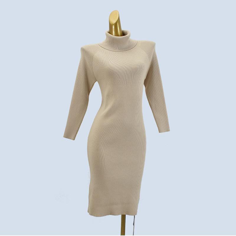 Withdraw from Cupboard High Quality Thick Turtleneck Raglan Pure Color Mid Length Long Length Long Sleeves Knitting Sweater Silm Sheath Bottom Dress