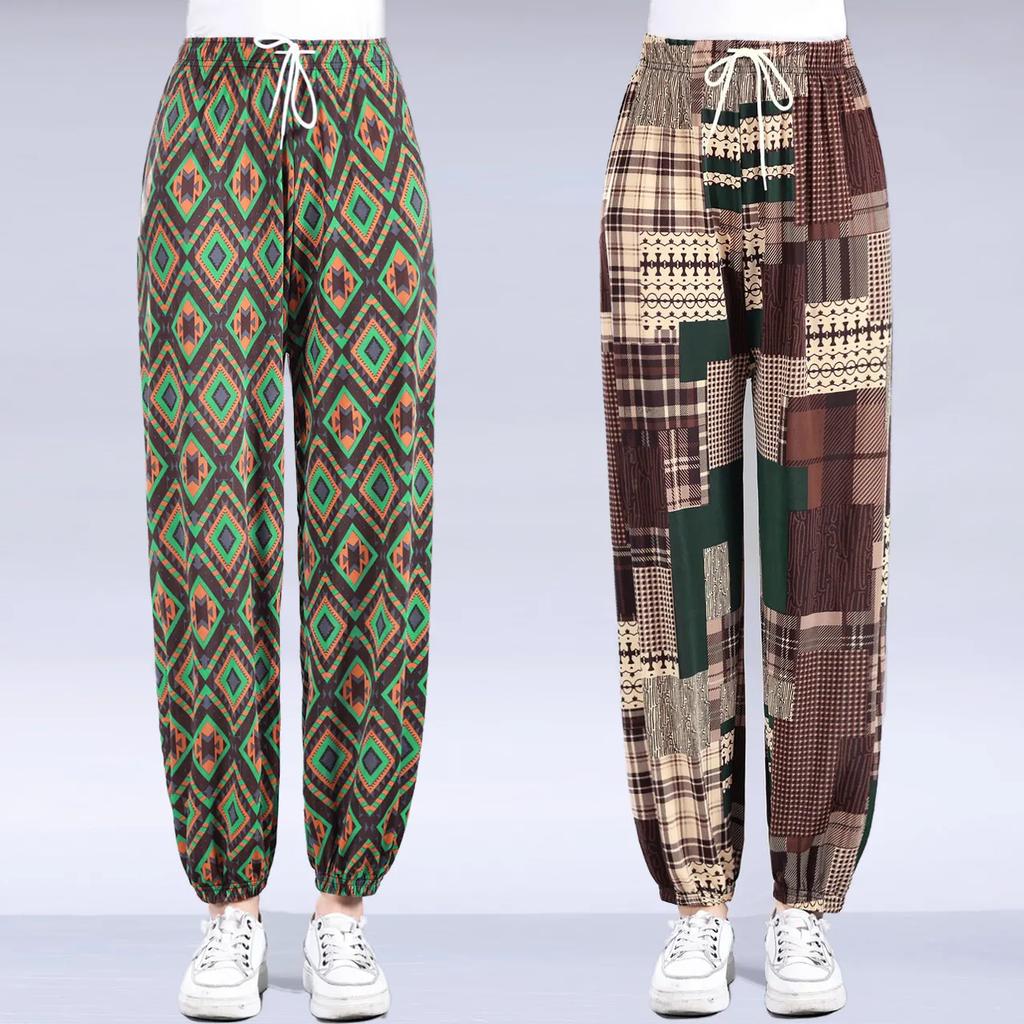 WTEMPO 2PCS Women's Spring Summer Floral Printed Ice Silk Wide Leg Pants Elastic High Waist Thin Mother's Loose Cropped Skirt Pants