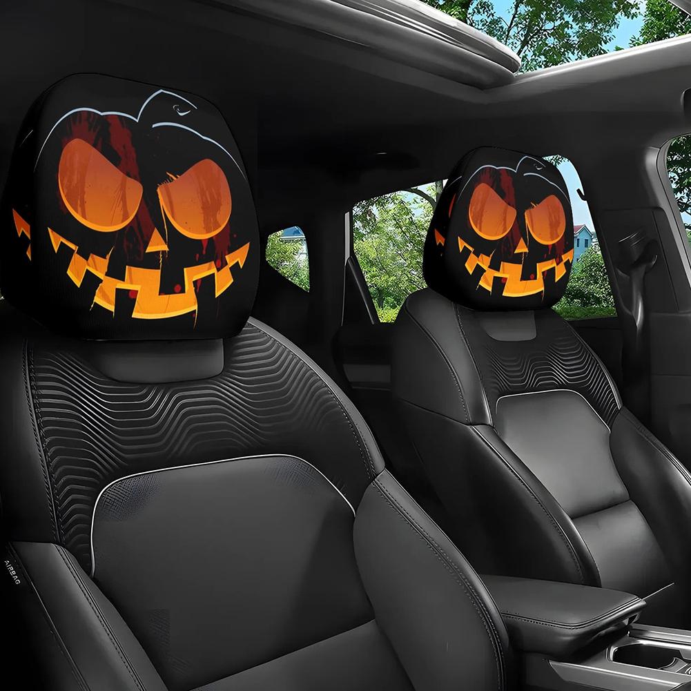 2PCS Funny Halloween Car Headrest Cover Decor Big-eyed Cartoon Print Headrest Cover Creative Car Seat Headcover