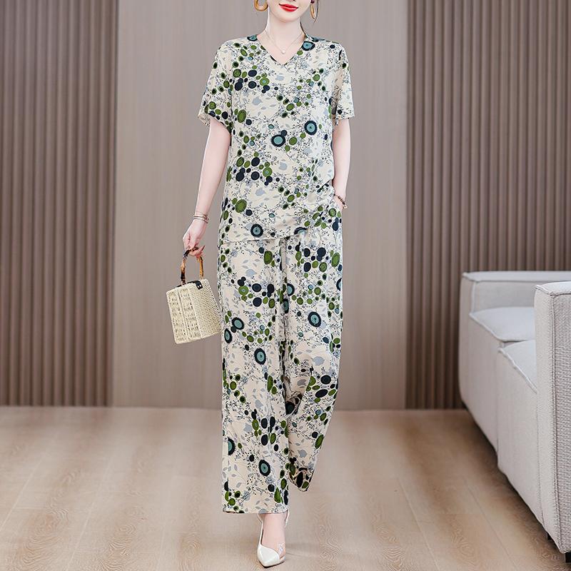 Eleganta 2-delade Set för Kvinnor Plus Size Löst Vintage Tryck Hög Midja Byxset Sommar Casual Kläder för Medelålders Kvinnor