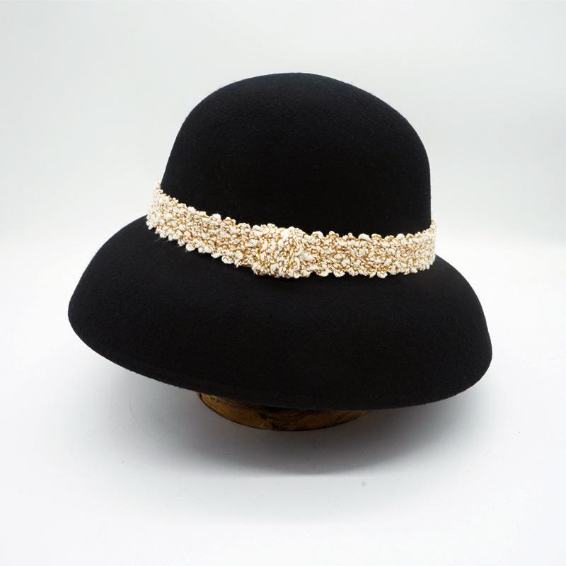 Hepburn Elegant French Retro Black Bell-Shaped Basin Hat Women'S Autumn And Winter Xiaoxiang British Woolen Top Hat Felt Fisherman