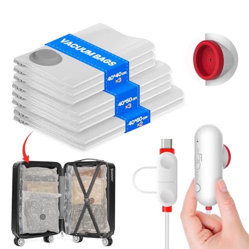 

Vacbird Travel Compression Bags, 8-Pack, with USB Electric Pump, 40*40 x 3 / 40*50 x 3 / 40*60 x 2, Vacuum Clothes Storage Bags with USB Pump, Suction