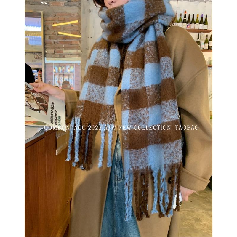 Autumn and winter new blue plaid scarf women's winter warm thickened versatile fringed scarf student shawl