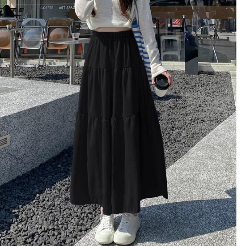 Modrá sukně pro ženy na jaro a léto Nová dlouhá A-linie s vysokým pasem, zeštíhlující, francouzská nadýchaná sukně