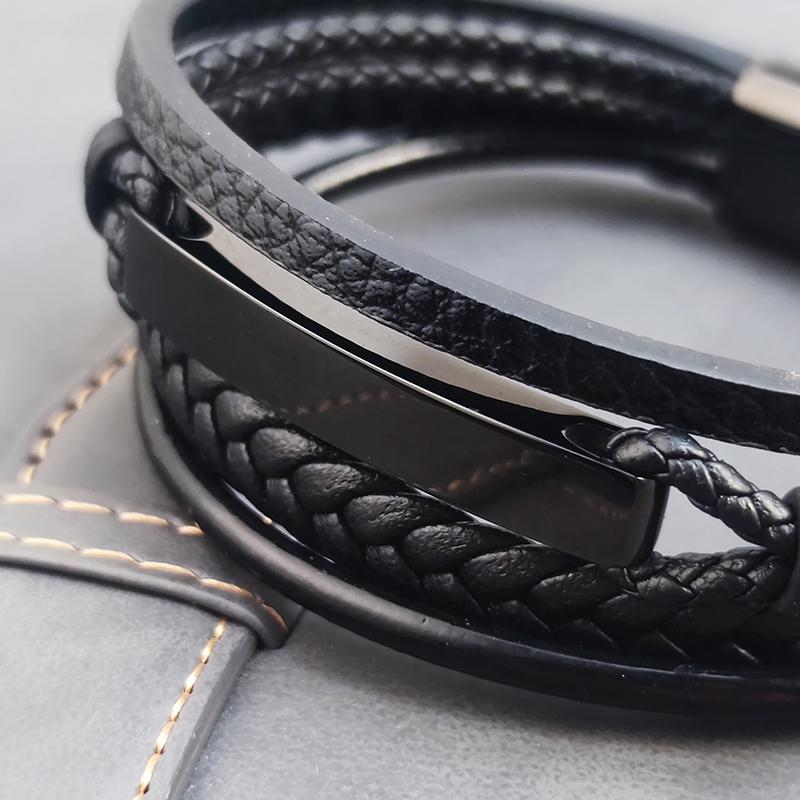 MingAo Free Custom Luxury Black Stainless Steel Family Name ID Bracelets for Men,Braided Leather Rope Chain Wristband Jewelry