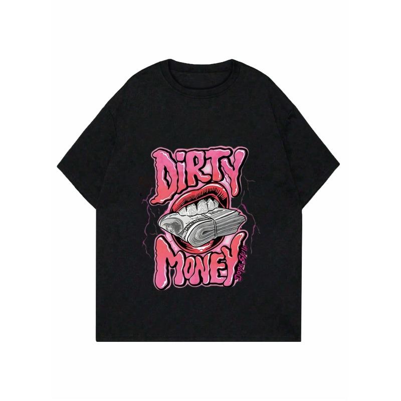 Women Casual T Shirt Black Dirty Money Graphic Print With Stack Of Cash And Mouth Design For Everyday Wear Street Style Fashion