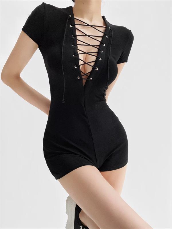 Eleganter Bodysuit mit tiefem V-Ausschnitt, Schnürung und kurzen Ärmeln: Damen Schlankheits-Stretch-Passform