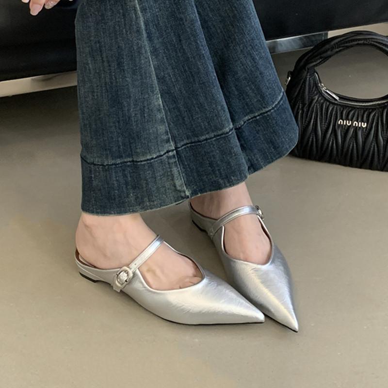 

Fashion Bailamos New Brand Women Mules Shoes Fashion Pointed Toe Shallow Slip On Slipper Shoes Flat Heel Dress Sandals Mujer 39