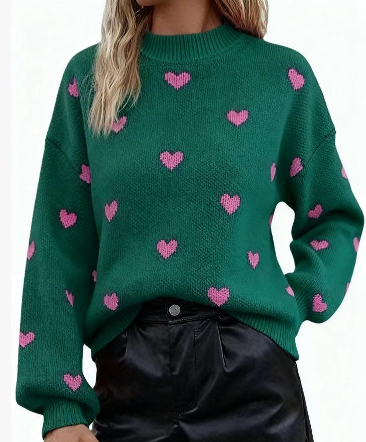 Women's European & American Autumn/Winter Heart Knit Pullover - Long Sleeve, Round Neck, Casual Style