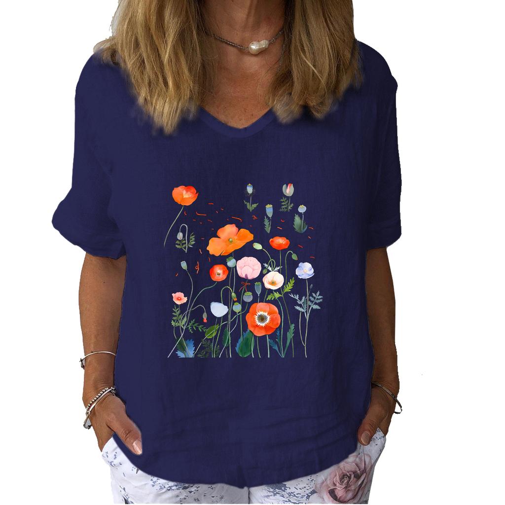 Women Fashion Linen Blouse Summer Casual Short Sleeve T-shirt Ladies Floral Print Pullover Loose Top