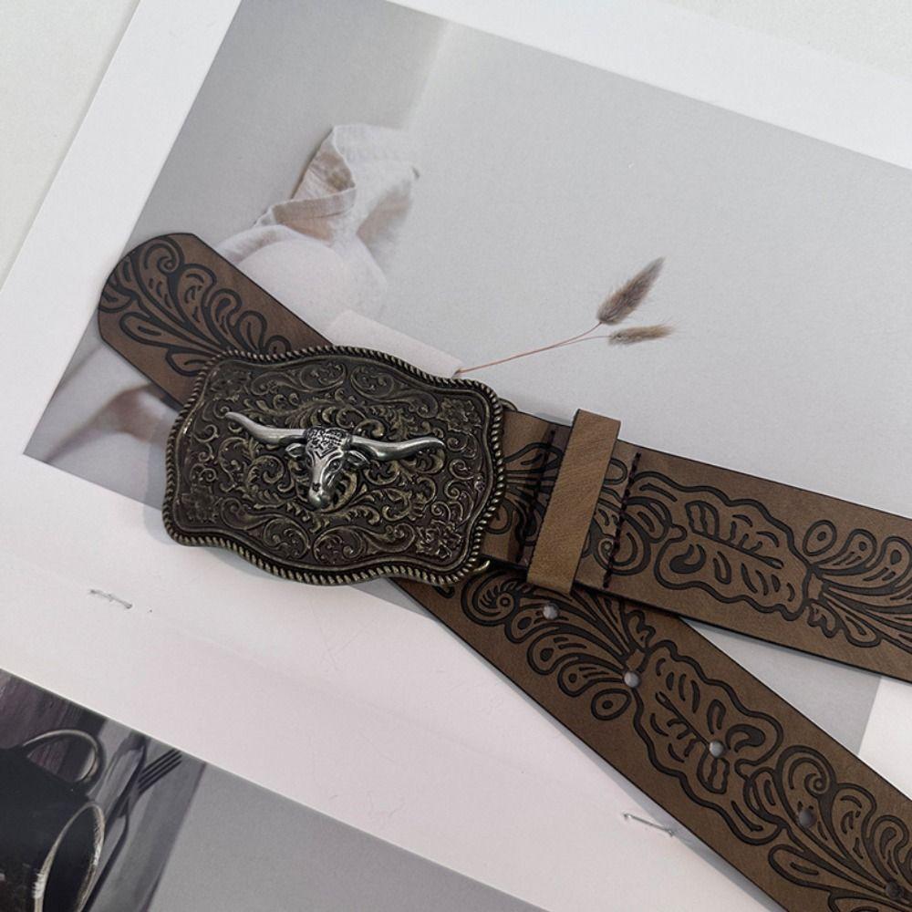 Cow Head Buckle Western Cowboy Belt Retro Waistband Fashion Embossed Belt  For Man Women
