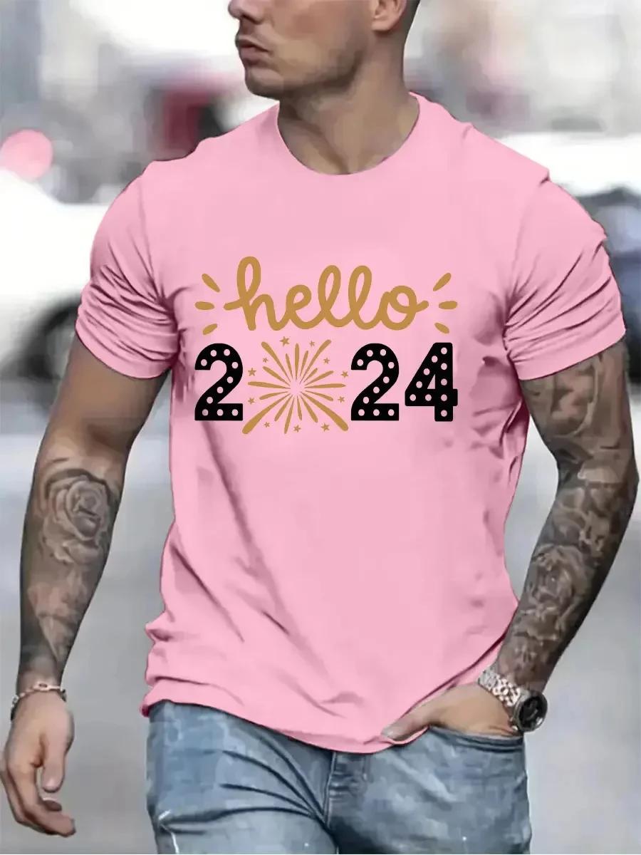 

Футболка Hello 2024 Print для мужчин и женщин, с Новым годом, вечеринка, унисекс, топы, повседневная черная футболка с коротким рукавом, новогодние праздничные футболки XXXXXL золотой