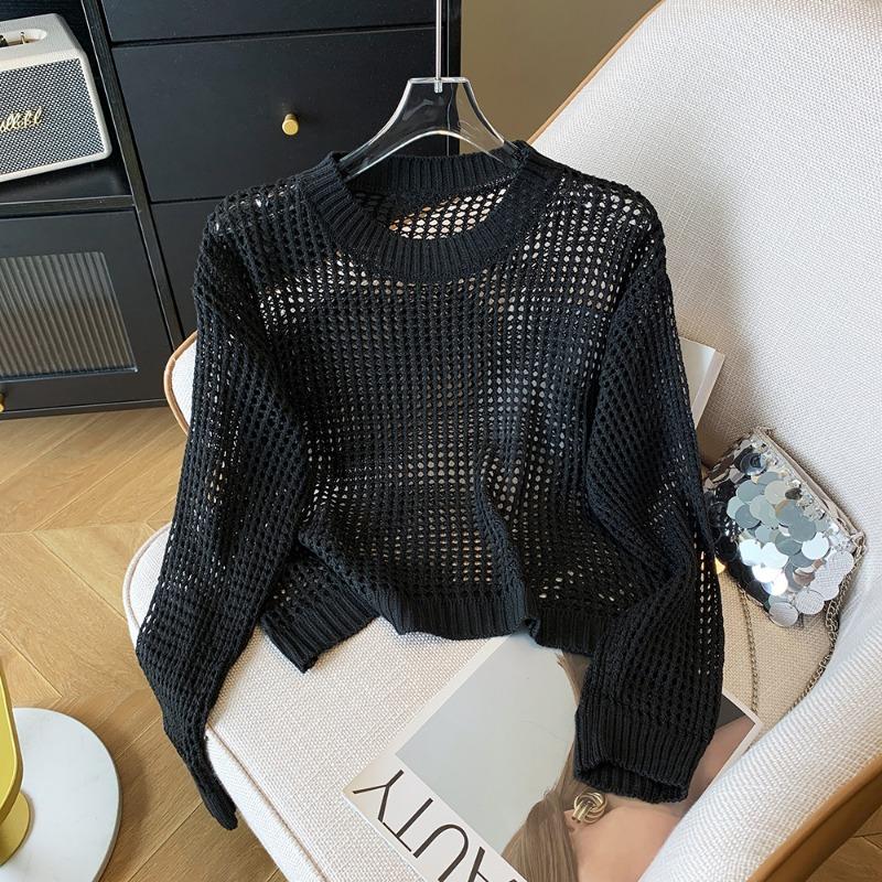 Spring Autumn Sunscreen Knitted Sweater Tops Women Korean Fashion New Long Sleeve Hollow Out Loose Short Tops Cover Up Hollow Thin Blouse 1410