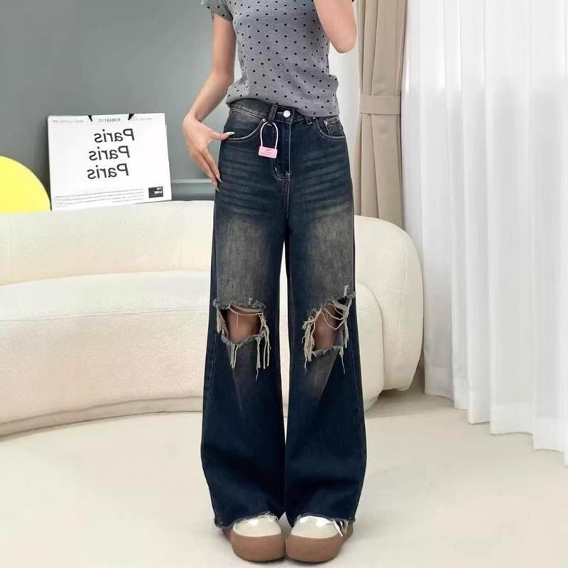 

High Waist Slimming Ripped Wide-Leg Skinny Jeans for Women - Super Thin, Floor-Length Summer Pants XS