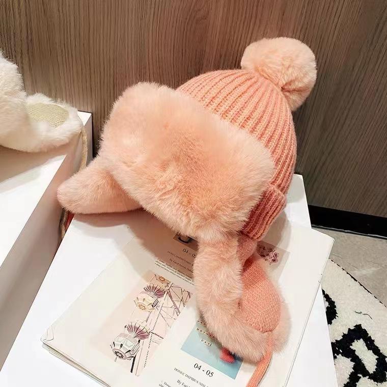 

Зимняя шерстяная шапка-помпон, вязаная шерстяная шапка с защитой ушей для женщин, утолщенная ветрозащитная плюшевая шапка-ушанка, теплая зимняя шапка, лыжная шапка one size