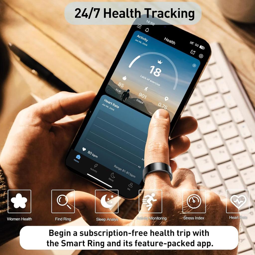 Smart Ring Health Tracker, Sleep&Exercise Monitor Heart Rate,Blood Oxygen,Fitness Trackers for Man&Women -Long Lasting Batteries,Waterproof Sleep