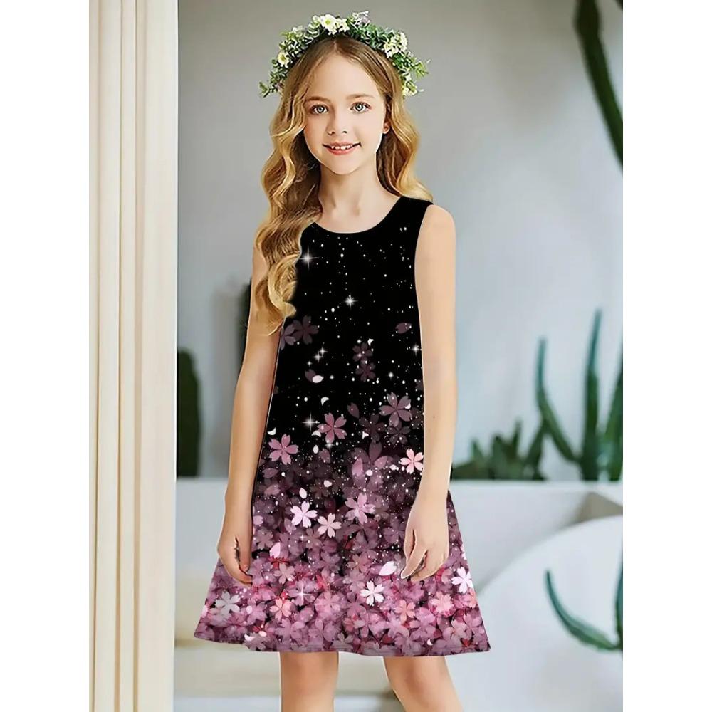 Frühling und Sommer neues ärmelloses Rundhals-Westenkleid für Mädchen, niedliches Prinzessinnenkleid, 3D-Digitaldruckmuster