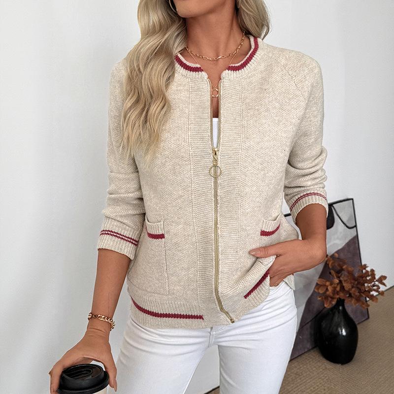 2026 TikTok European Autumn/Winter Retro Color Block Knit Cardigan