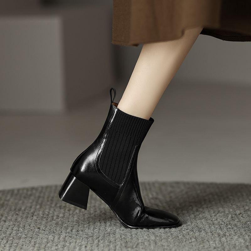 Krazing Pot Cow Skin Autumn Winter Shoes Thick Med Heels Size 43 Western Boots Slip on Stretch Knitwear Ankle Boots