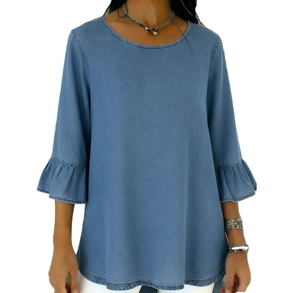 Spring Summer Casual Women's Crew Neck T-shirt Flounce Sleeve 3/4 Sleeve Top